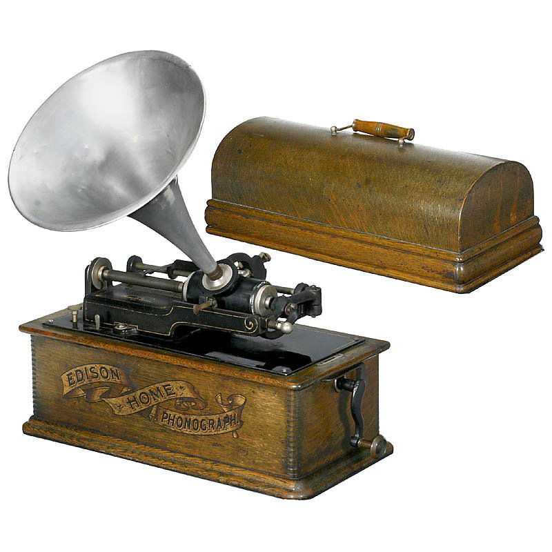 Edison Home Phonograph: Edison Home Phonograph 2-minute machine, model C reproducer, aluminum horn, working, with 1 cylinder. Walzenphonograph "Edison Home" Für 2-Minuten-Walzen, Modell-C-Schalldose, Aluminiumtrichter, funk