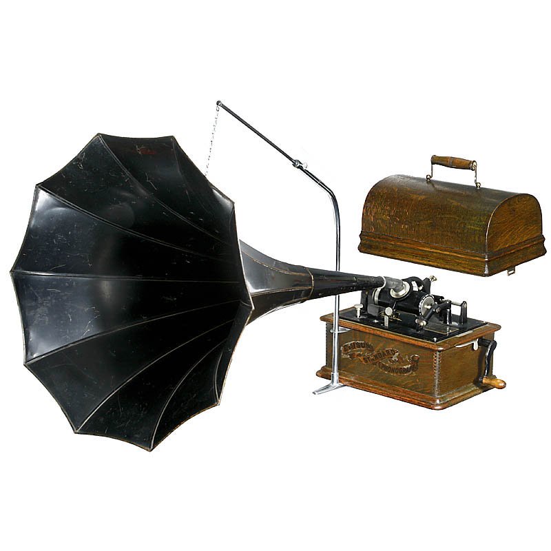Edison Standard Phonograph: Edison Standard Phonograph 2-minute mechanism, model C reproducer, 10-panel Edison horn with crane, running little slow, with 1 cylinder. Walzenphonograph Edison Standard Für 2-Minuten-Walzen, Modell