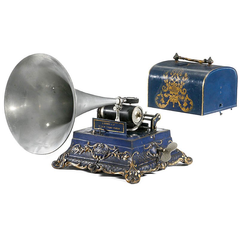 "Pathé: Le Menestrel" Phonograph, c. 1905: Pathé: Le Menestrel Phonograph, c. 1905 Special "Gaulois" edition by J. Girard & Cie., Paris, with "Louis XV"-style cast-iron base, blue with gilt highlights, tin lid, "Pathé" soundbox and aluminum 