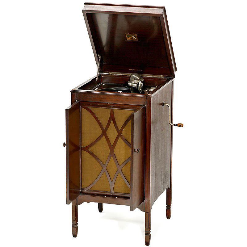 HMV Floor Gramophone: HMV Floor Gramophone "His Master's Voice", "HMV no. 5A" soundbox, mahogany case, size 18 ¼ x 19 5/8 x 36 ¾ in., very good playing condition, with 1 disc and 1 needle tin. Standgrammophon "HMV" "His