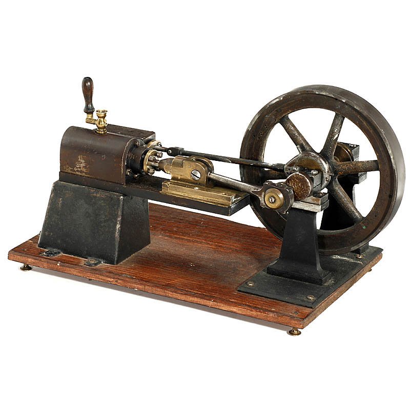 1-Cylinder Steam Engine, c. 1920: 1-Cylinder Steam Engine, c. 1920 Precision demonstration model, cylinder Ø 1 1/3 in., flywheel Ø 5 2/3 in., on wooden base, 10 5/8 x 7 in. Einzylinder-Dampfmaschine, um 1920 Präzisionsdemonstration