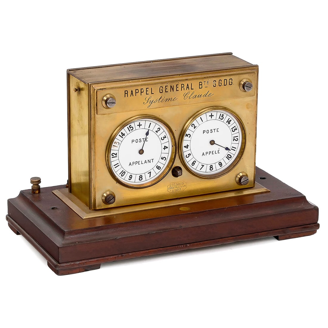 Telegraph or Telephone Switch, c. 1902: Telegraph or Telephone Switch, c. 1902 Rappel Général Breveté S.G.D.G. Système Claude, maker: J. De Jardin à Paris. Spring drive, 2 counters with enameled dials,