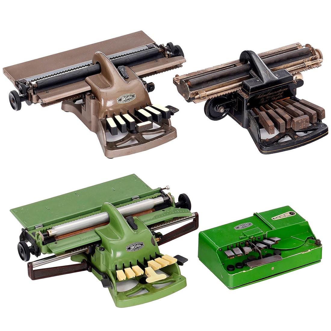4 Typewriters for the Blind: 4 Typewriters for the Blind For writing in Braille. 3 x Blista and 1 x Picht, one of them for paper strips. 4 Blinden-Schreibmaschinen Für Braille-Schrift. 3 x Blista und 1 x Picht, eine