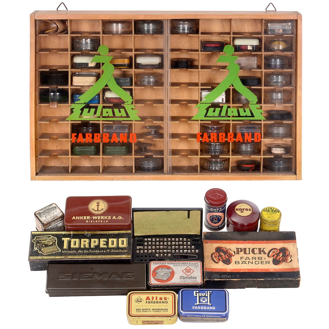 Approx. 50 Typewriter Ribbon Tins: Approx. 50 Typewriter Ribbon Tins Various brands and manufacturers, lithographed tin, plastic and bakelite, a few with original wrapped typewriter ribbons, In wall cabinet with two sliding glass