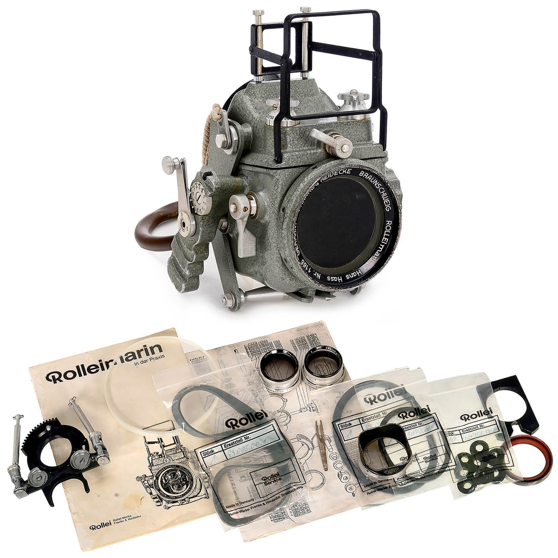 Rolleimarin III, 1956 onwards: Rolleimarin III, 1956 onwards Franke & Heidecke, Braunschweig. Rolleimarin Hans Hass no. 1165, for Rolleiflex 3.5 C 1740000–1868999, opened, with German instructions, spare parts lists