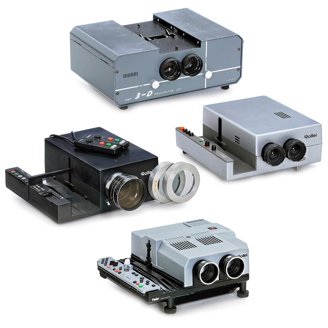 Rollei Projectors and RBT Stereo Projector: Rollei Projectors and RBT Stereo Projector The fan runs on all devices; other functions untested, no power cables, all lenses clean. 1) Rollei, Braunschweig. Rollei P66S autofocus, for 6 x 6 cm