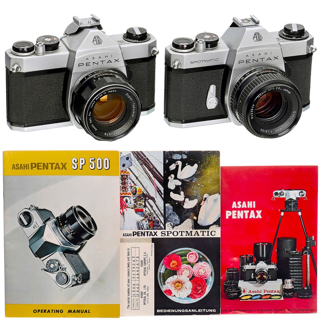 2 Asahi Pentax Spotmatic, c. 1971: 2 Asahi Pentax Spotmatic, c. 1971 Asahi Kogaku, Japan. 1) Pentax SP II with SMC Takumar 1.8/55 mm, with flash bracket and instruction manual (German). – And: 2) Pentax SP 500 with SMC Takumar