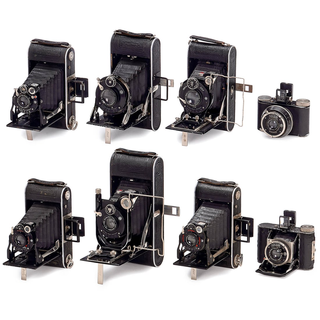 Nagel Collection of 8 Cameras: Nagel Collection of 8 Cameras Nagel Camerawerk, Stuttgart. 1) Pupille, for 3 x 4 cm, Xenar 3.5/5 cm, Compur weak for long times. (3-/3) – 2–4) Vollenda 68 in 3 different versions with Radi