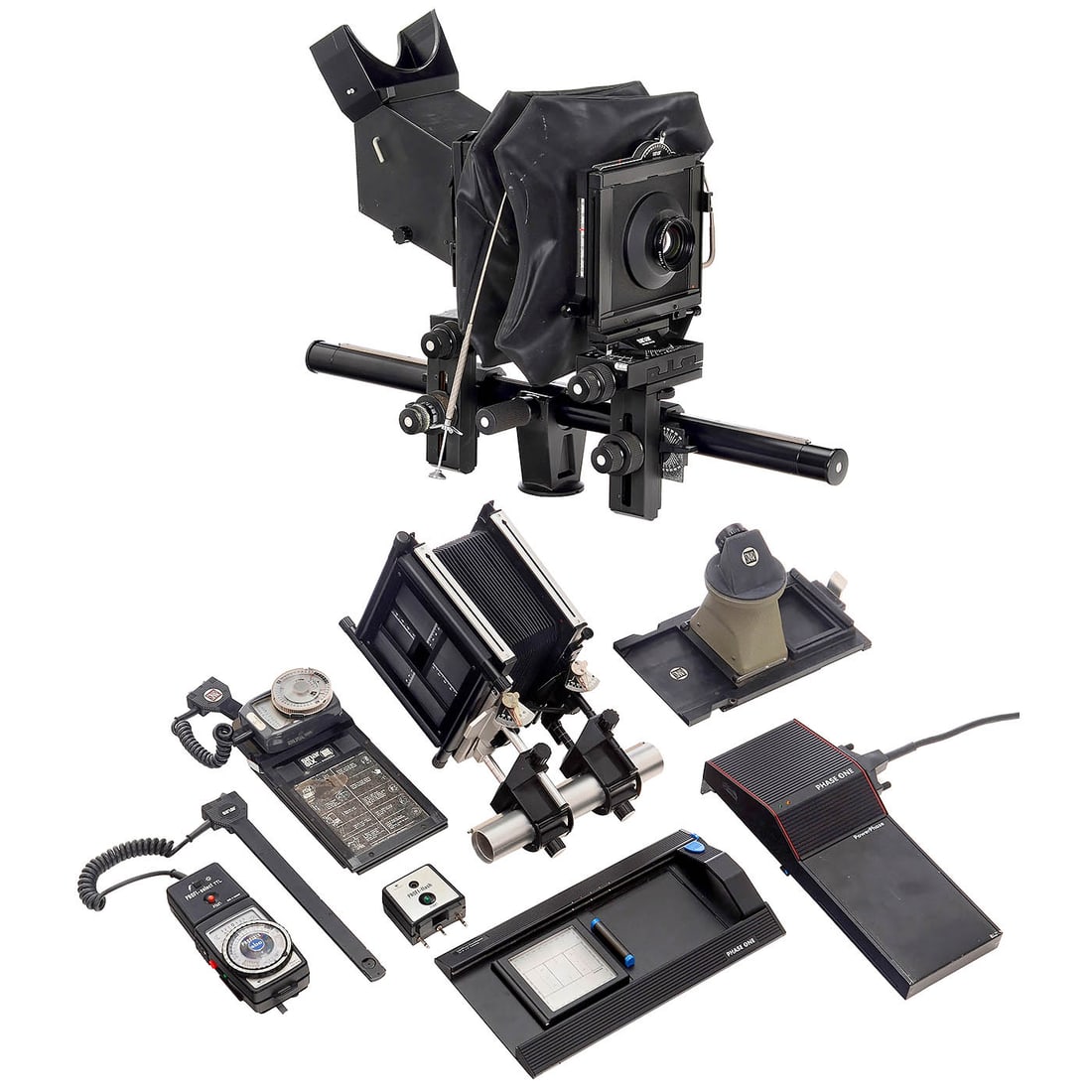 Sinar P2 Equipment: Sinar P2 Equipment Sinar, Switzerland. Everything for 4 x 5 inch. 1) Sinar P2, front and rear standards on a 73cm base tube, with wide-angle bellows, Copal shutter and cable release (both