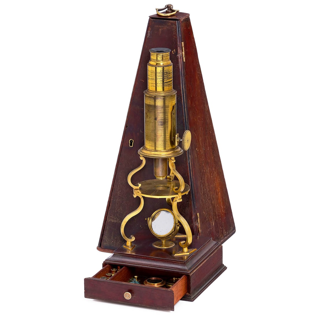 Culpeper-Type Compound Microscope, c. 1800–20: Culpeper-Type Compound Microscope, c. 1800–20 Original lacquered brass, 3 scrolled legs, separately-mounted concave mirror, rack-and-pinion coarse focusing to the tube, 1 screw-in eyepiece, 5