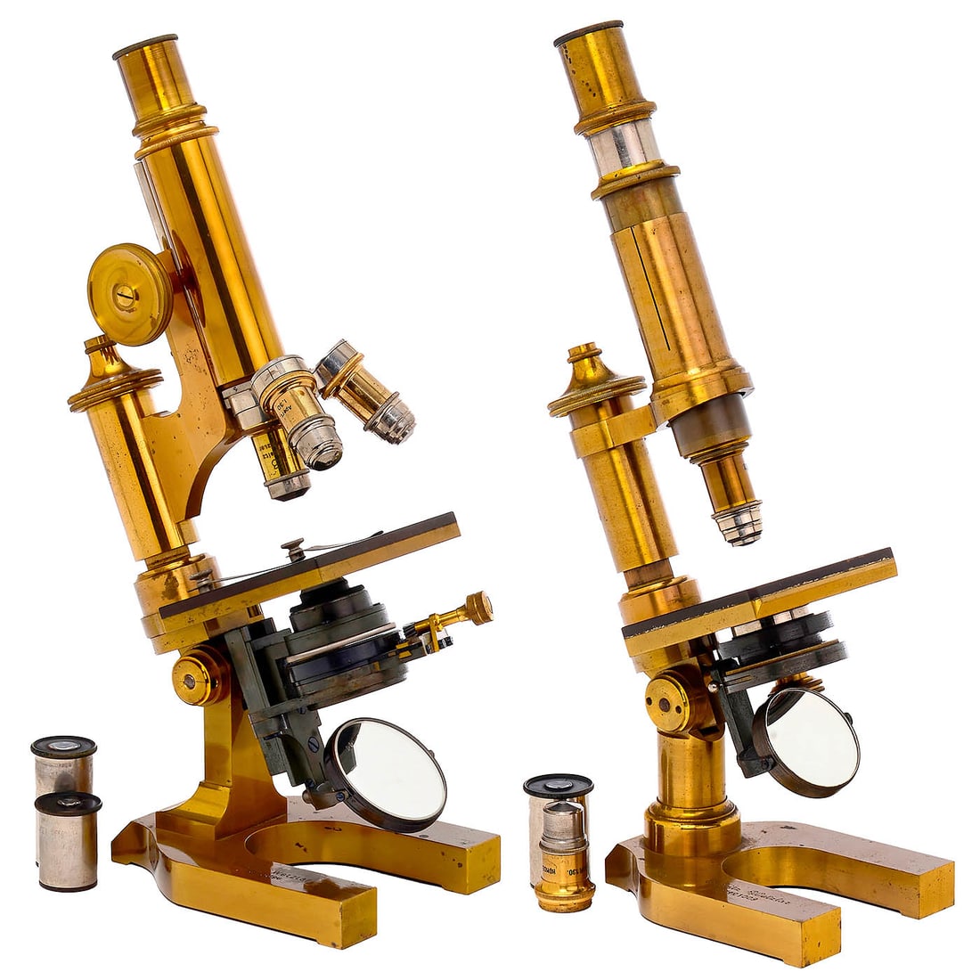 2 Microscopes by Ernst Leitz in Wetzlar: 2 Microscopes by Ernst Leitz in Wetzlar 1) Large-size microscope, dated 1897, original lacquered brass, height 13 ¾ in., fully equipped with 3 eyepieces (nos. 1, 3 and 4) and 3 signed