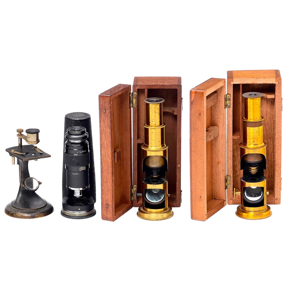 4 Small German Microscopes: 4 Small German Microscopes 1) Simple microscope by Carl Zeiss (preparation stand V), c. 1899, marked "Carl Zeiss Jena" on the magnifying arm and eyepiece, serial no. 32249, 10x magnification,
