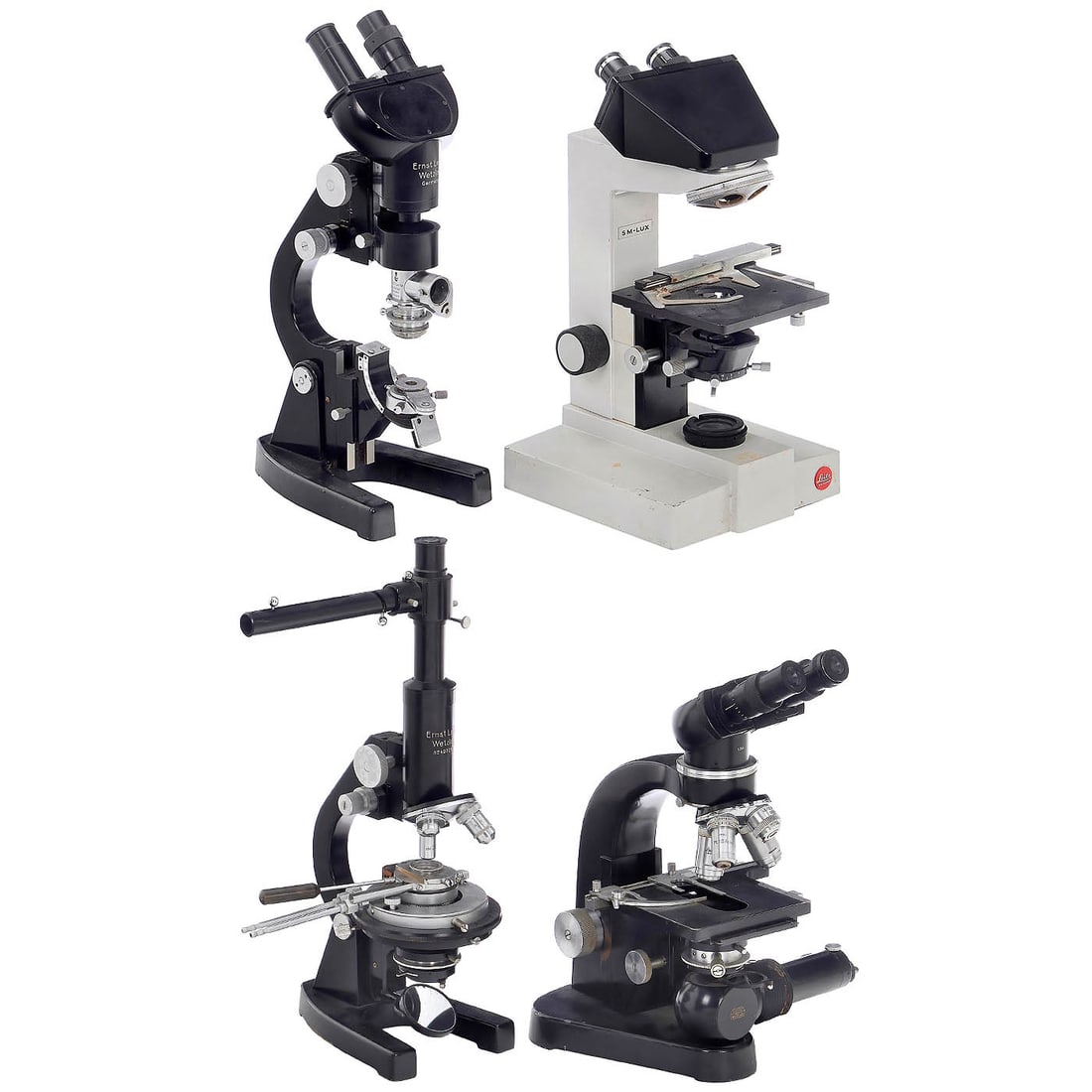 4 Ernst Leitz Microscopes: 4 Ernst Leitz Microscopes Wetzlar. 1) Laborlux SM, binocular microscope, no. 496227, 1956, electric illumination, condenser, rectangular stage, quadruple turret with objectives, binocular tube