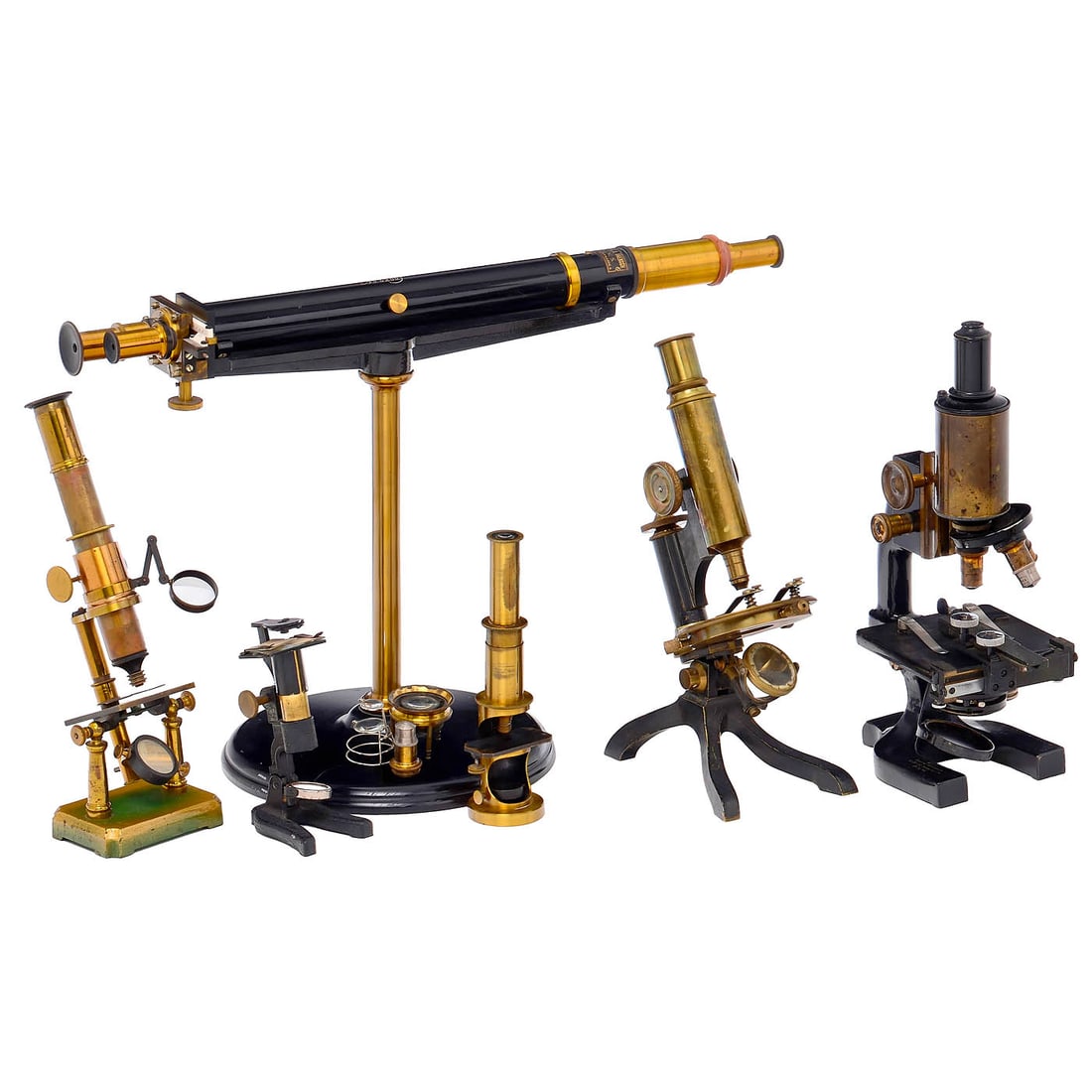 3 Microscopes and 1 Spectroscope: 3 Microscopes and 1 Spectroscope 1) Unmarked microscope, presumably France, c. 1880, green-and-gold-painted cast-metal square base with pair of tubular pillars, double mirror, substage pinhole