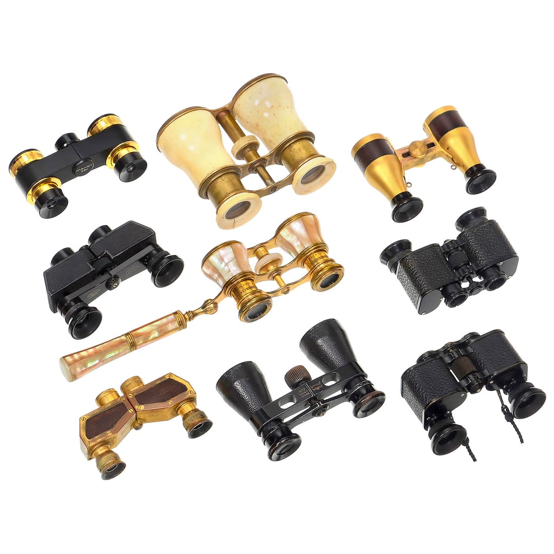 9 Opera Glasses: 9 Opera Glasses 1) Teleater 3x13.5, Carl Zeiss, Jena, 1911 onwards, Porro I prism system, in leather case. – 2) Gebrüder Lange, Bremen, brass and mother-of-pearl, with handle. – 3)