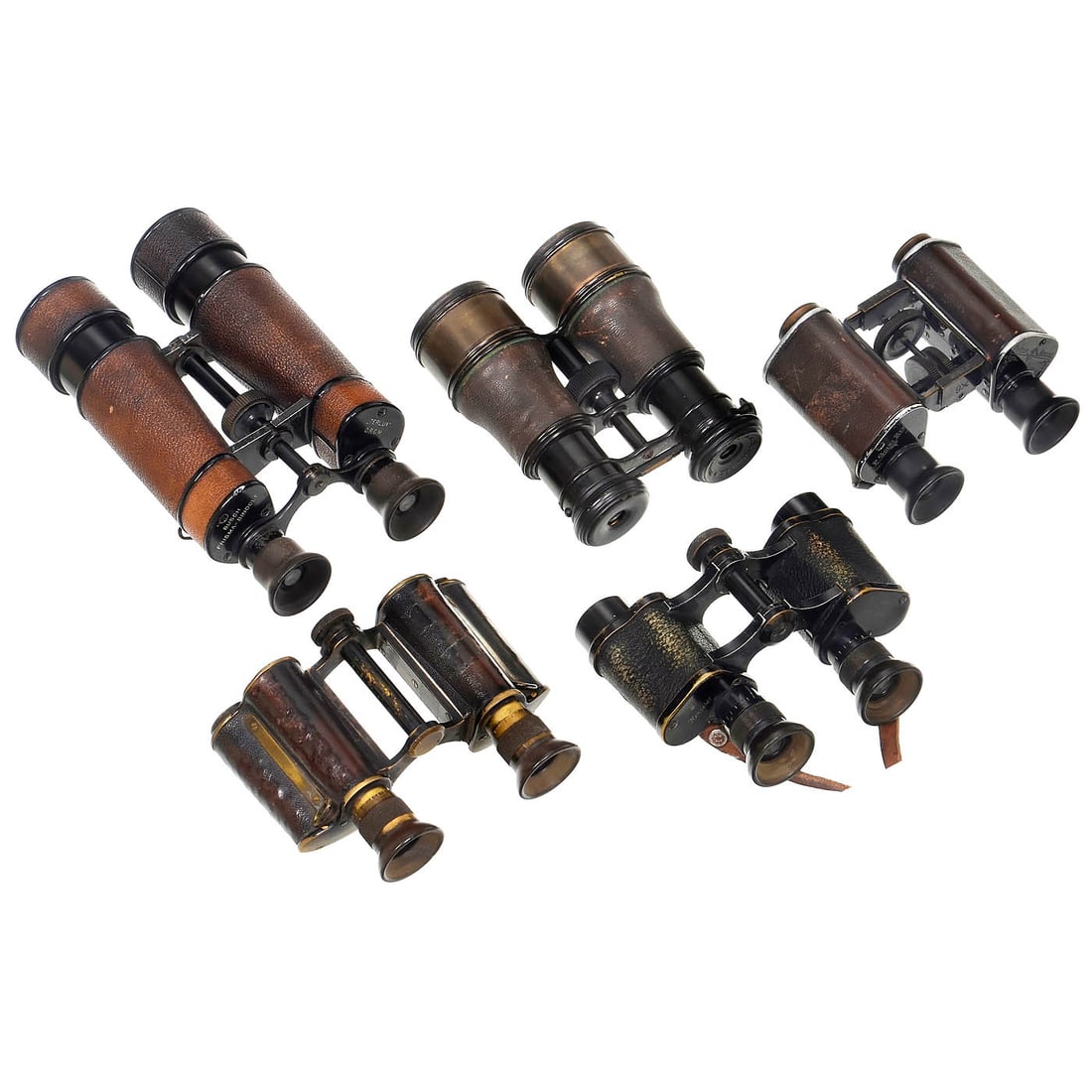 5 German Binoculars: 5 German Binoculars 1) Terlux, c. 1910, Emil Busch, Rathenau, 9x magnification, serial no. 10693, aluminum body with leather cover, curved shape, Porro I prism system, center drive, extendable sun