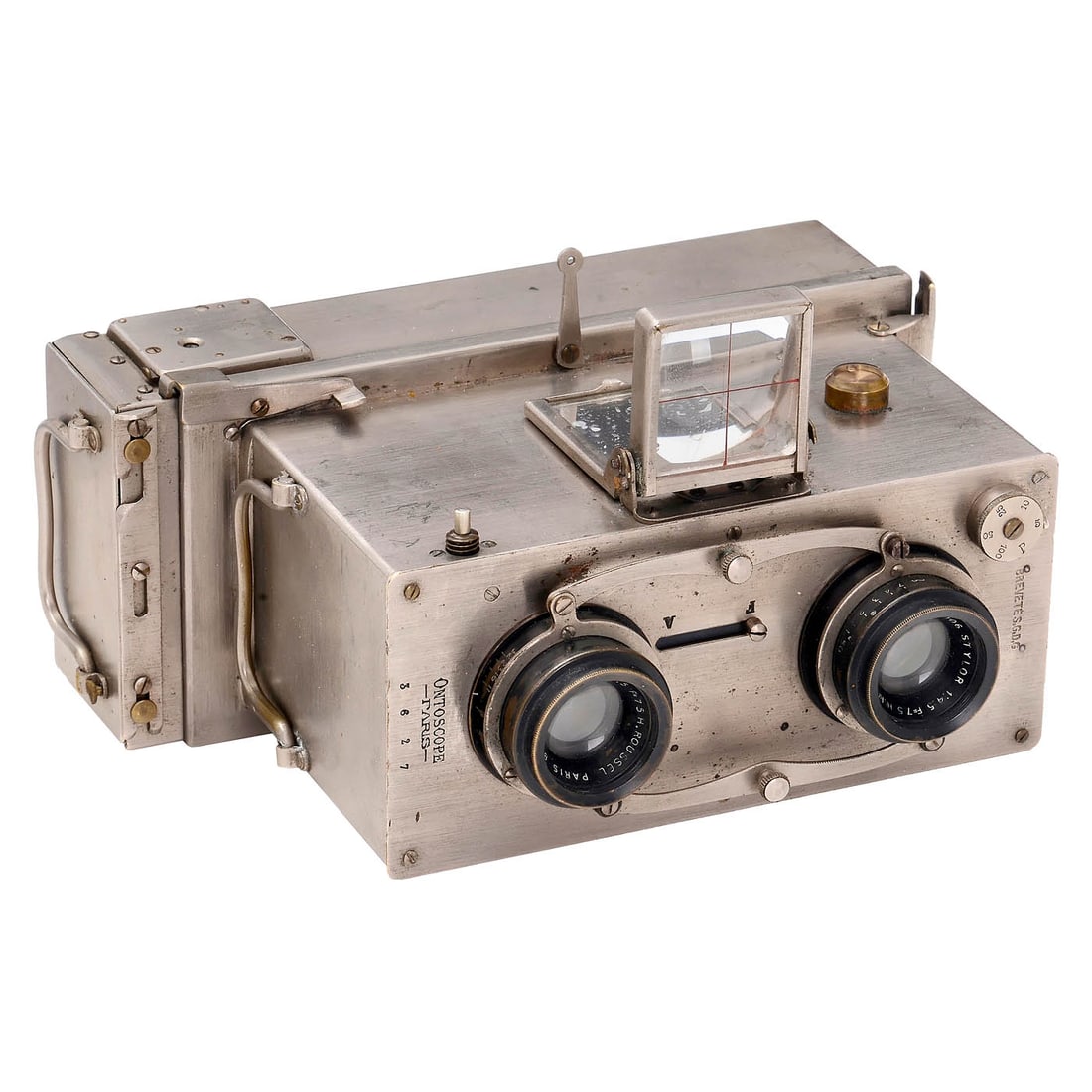 Ontoscope, c. 1928: Ontoscope, c. 1928 Cornu, Paris. Stereo camera no. 3627 for 6 x 13 cm, chrome-plated brass body, 2 x Roussel Stylor 6.3/7.5 cm nos. 90006 and 89905, shutter speed 1/5–1/300 sec., working, a