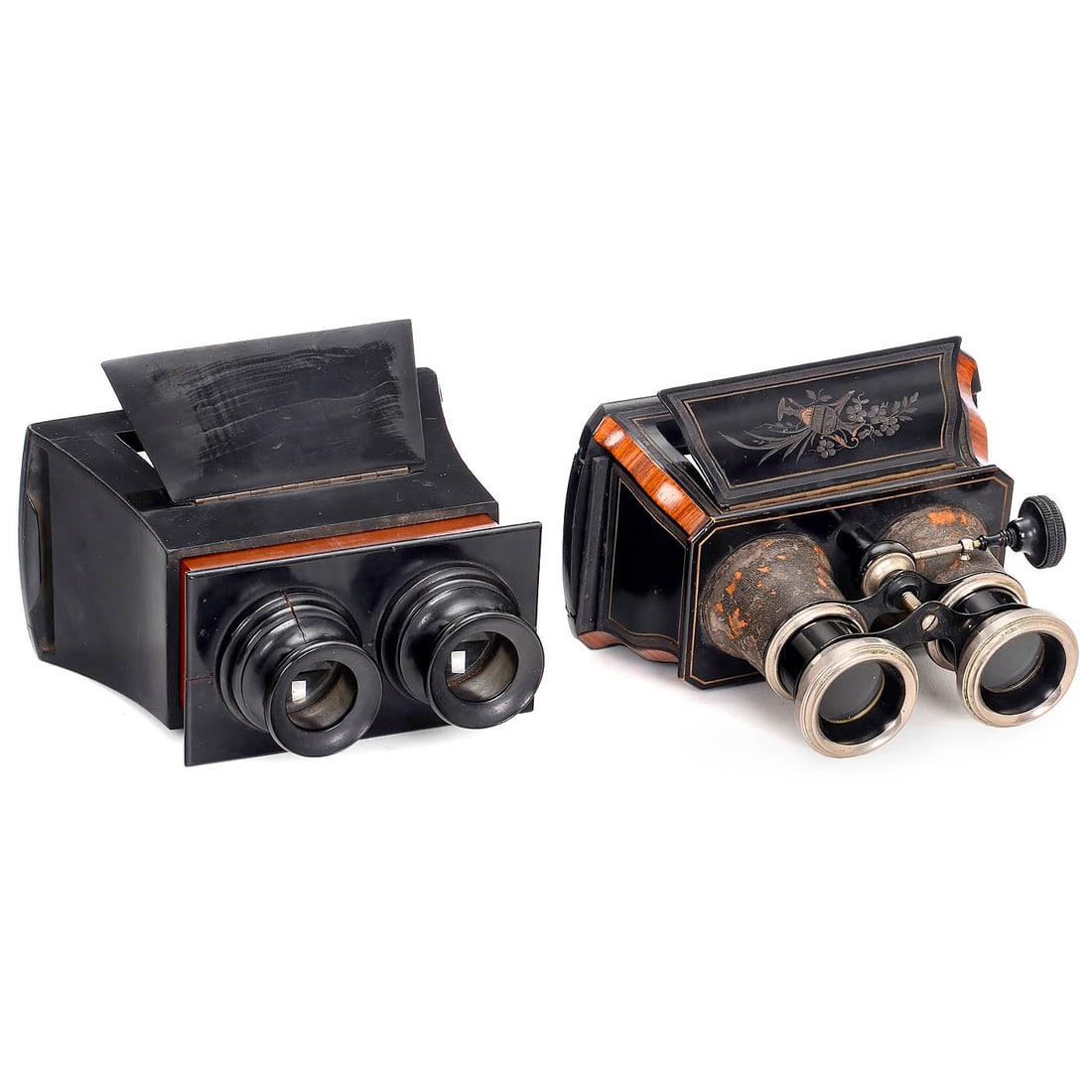 2 Unusual Stereoscopes, c. 1870: 2 Unusual Stereoscopes, c. 1870 Both suitable for 9 x 18 cm and 8.5 x 17 cm slides. 1) H.is Opticien, Paris. Black lacquered wood with a large patent plaque, "Brevet d'invention S.G.D.G.