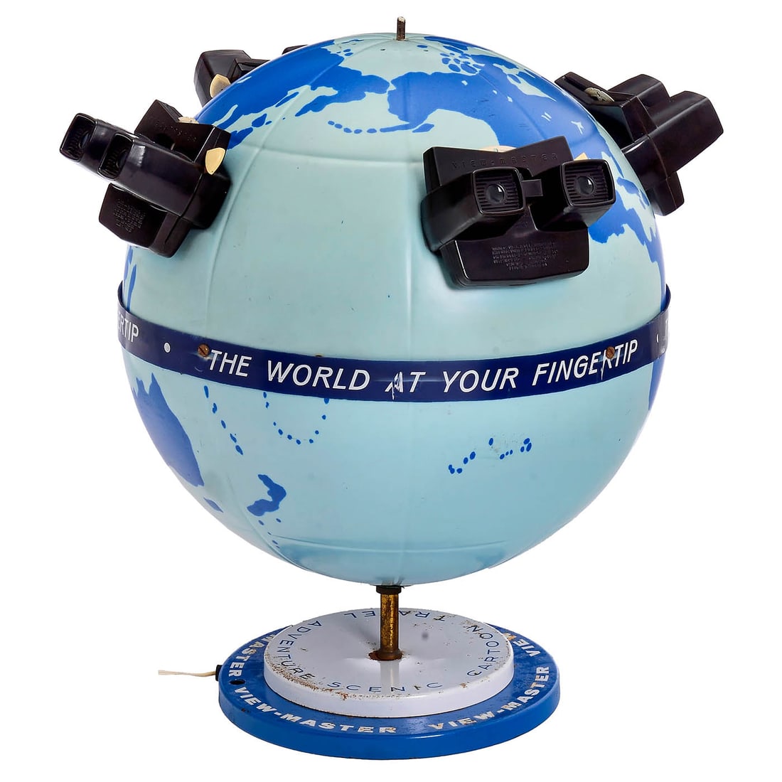 View-Master around the Globe: View-Master around the Globe Advertising display with globe, 50 cm high including base, slogan "The World at your Finger-Tip" around the globe, with four permanently mounted View-Master viewers, base