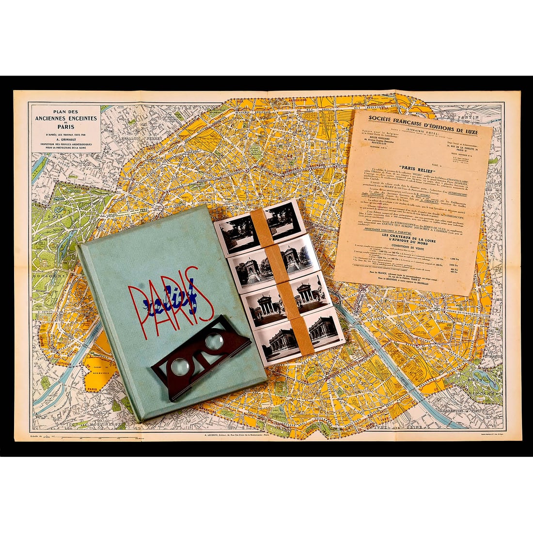 Paris Relief, 1945: Paris Relief, 1945 Editions Chantecler, Paris 1945. Paris Relief, 87 pages with 100 complete stereo cards in 6 x 13 cm (very well preserved), stereo viewer in dark reddish-brown crinkle varnish,