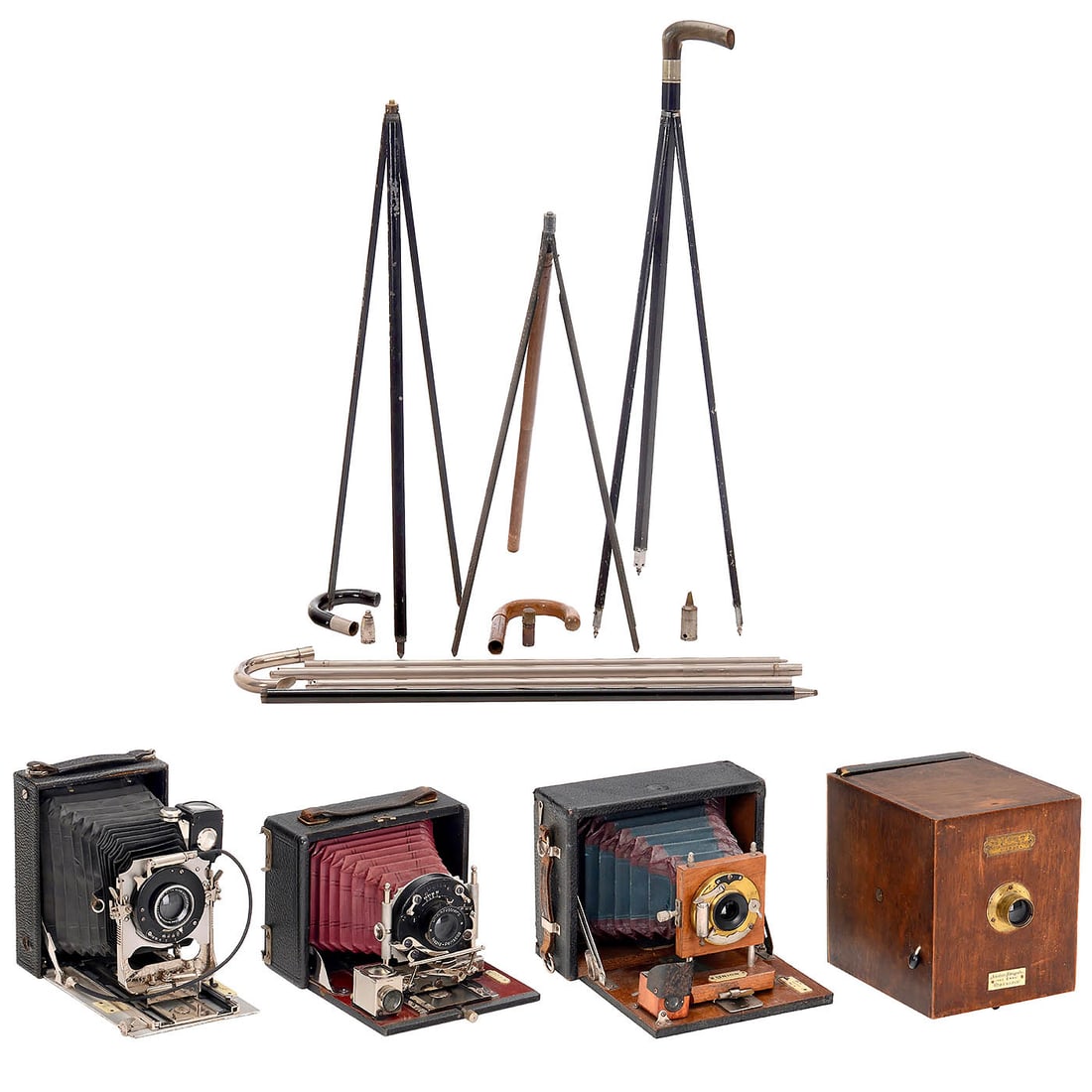 4 Cameras and 4 Rare Walking Stick Tripods: 4 Cameras and 4 Rare Walking Stick Tripods All cameras with focusing screen backs. 1–2) Tripods in the shape of walking sticks, 90 cm long, 2 variations, after unscrewing the handle and