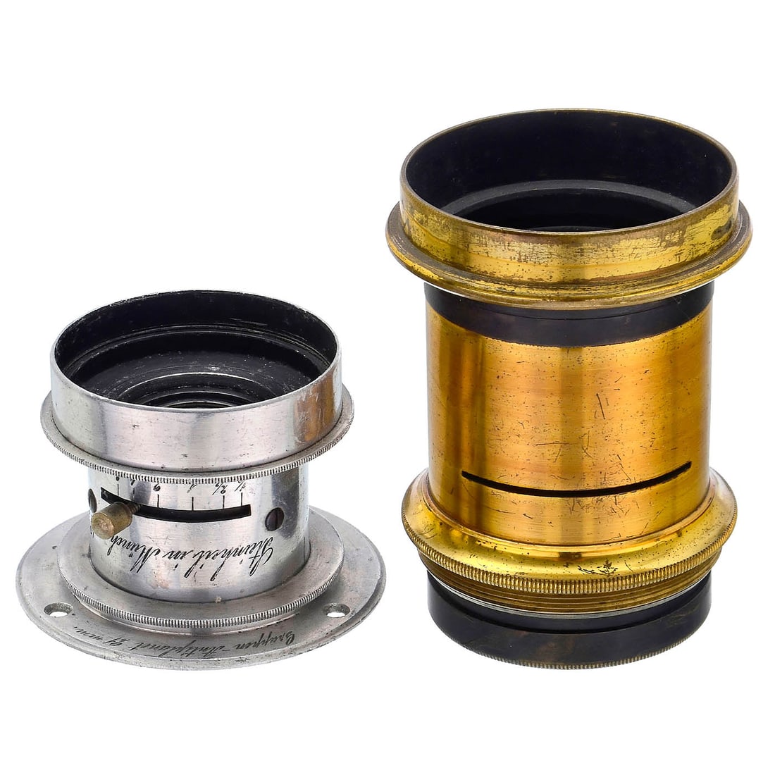 Steinheil Group Antiplanet 21 mm in Aluminum Mount (!), c. 1880: Steinheil Group Antiplanet 21 mm in Aluminum Mount (!), c. 1880 1) Steinheil in Munich. A very rare Steinheil lens in an aluminum mount. Lens no. 36862, aperture range: 1/2–8, lens height