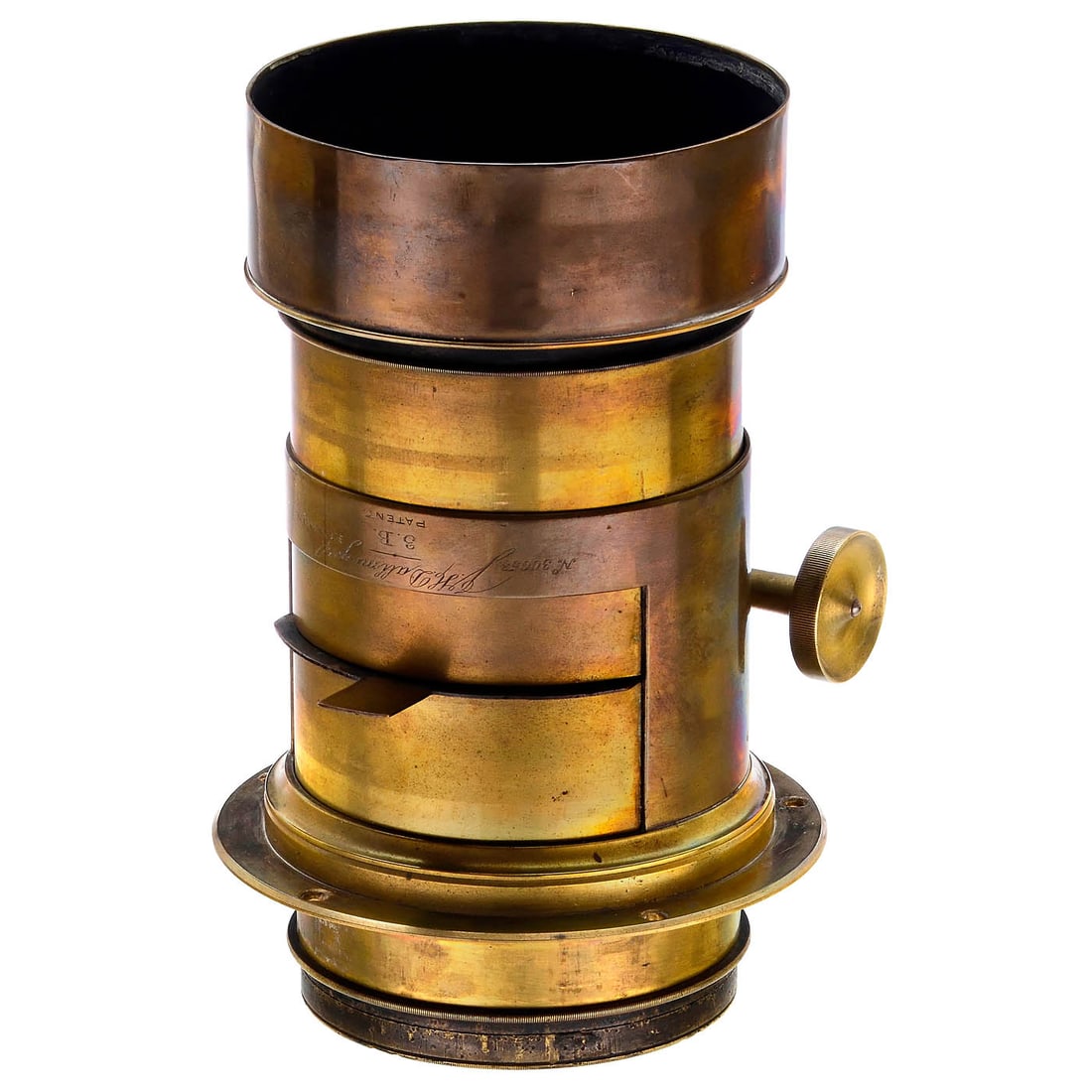 Dallmeyer 3.B "Soft Focus" Lens, c. 1890: Dallmeyer 3.B "Soft Focus" Lens, c. 1890 J.H. Dallmeyer, London. No. 30053, focal length approx. 11 in., brass, for Waterhouse stops (with No. 5 for stop 16), height 8 in., front element Ø 8.9