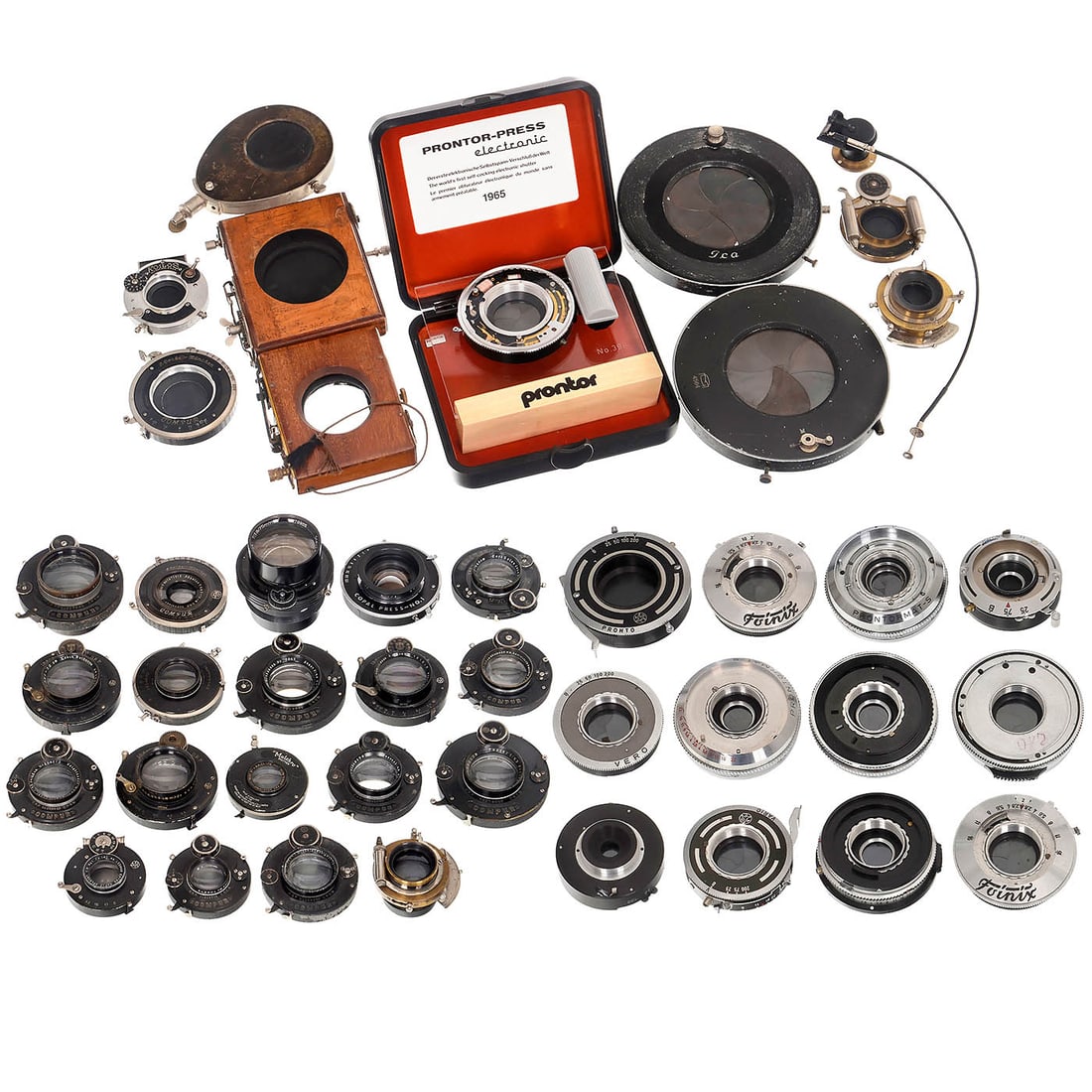Shutters and Lenses: Shutters and Lenses 1–22) Collection of shutters, from the flap-shutter to H.I., Paris L’Express clip-on shutter and Koilos to the Prontor-Press electronic 1965, the world's first