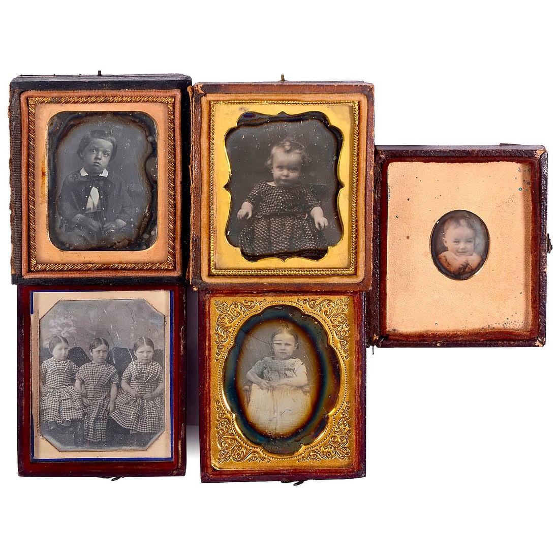 5 Small Daguerreotype Portraits of Children: 5 Small Daguerreotype Portraits of Children In 5 hinged cases (6 x 7.2 cm), these daguerreotypes range in size from 25 x 21 mm to 45 x 56 mm. The lids of two of the cases are loose. The smallest