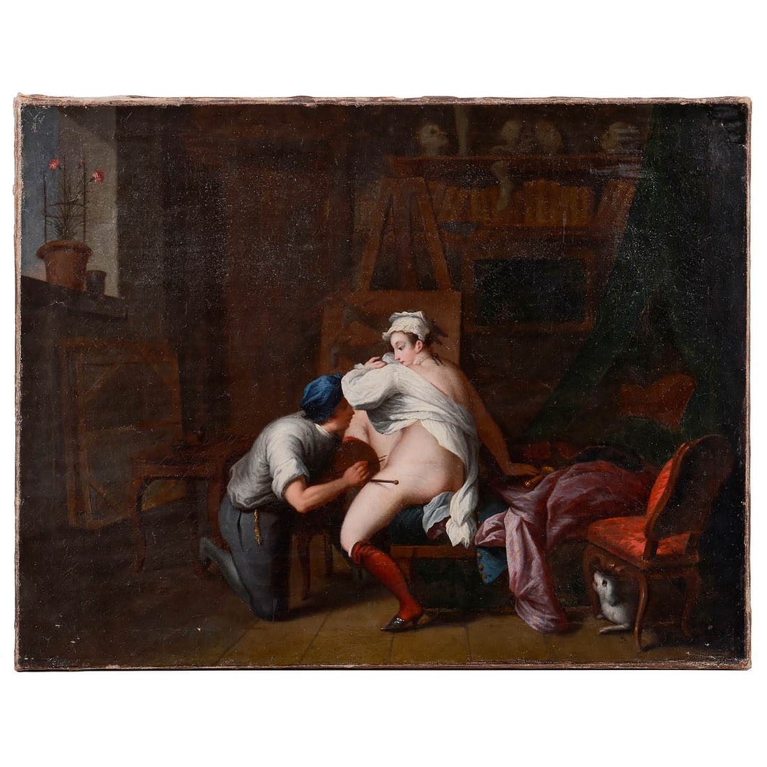 A Painter and his Model – Painting, Early 18th Century: A Painter and his Model – Painting, Early 18th Century Unsigned, oil on canvas, relined and stretched on a new frame approx. 30–50 years ago, dimensions 59.5 x 46 cm. A view into a painter