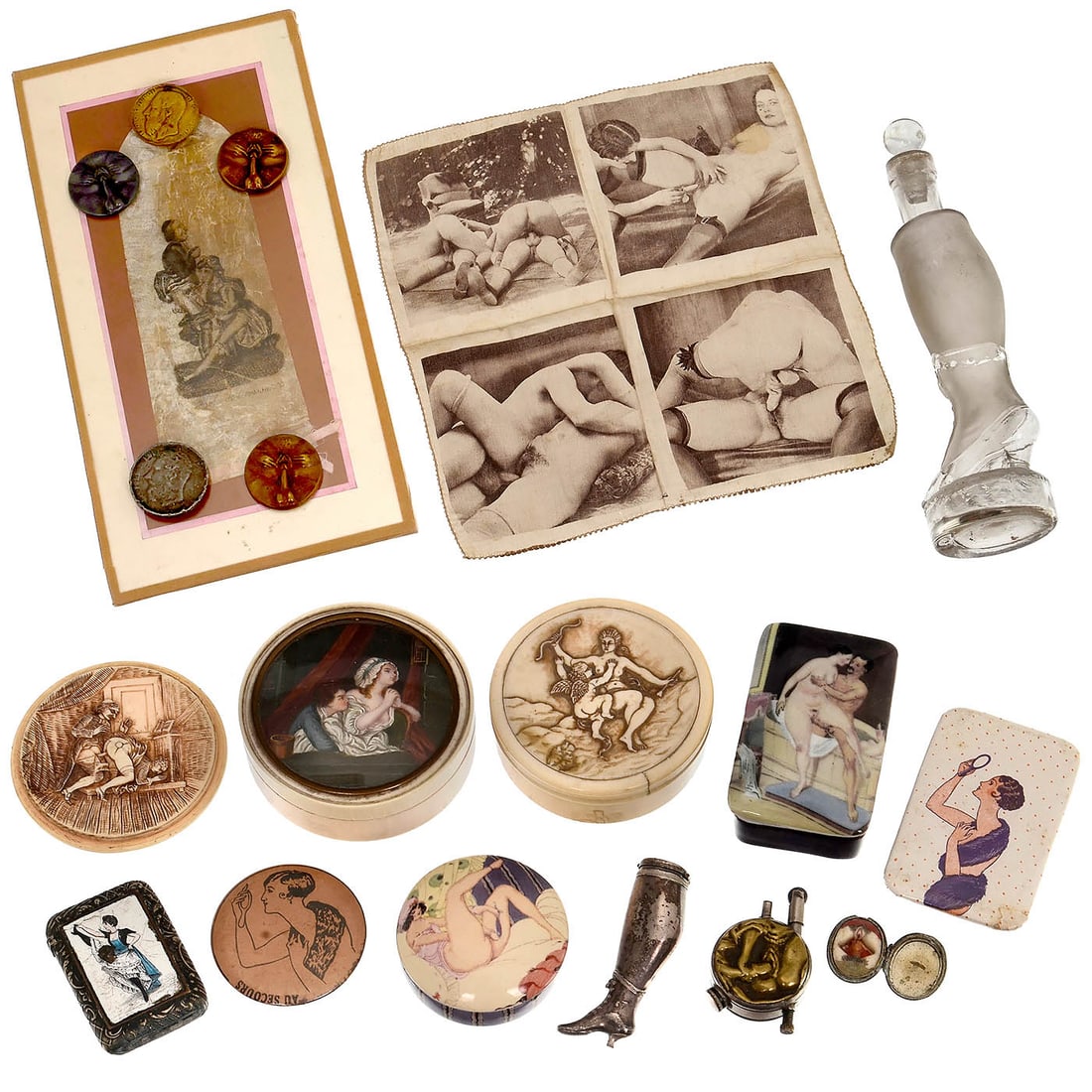 Erotic Collection for Establishment Guests, c. 1900: Erotic Collection for Establishment Guests, c. 1900 1) Silk handkerchief, 22 x 22 cm, with 4 erotic sepia-toned photographs. Very rare photographic process. – 2) Horn box, 8 cm in diameter, c. 1