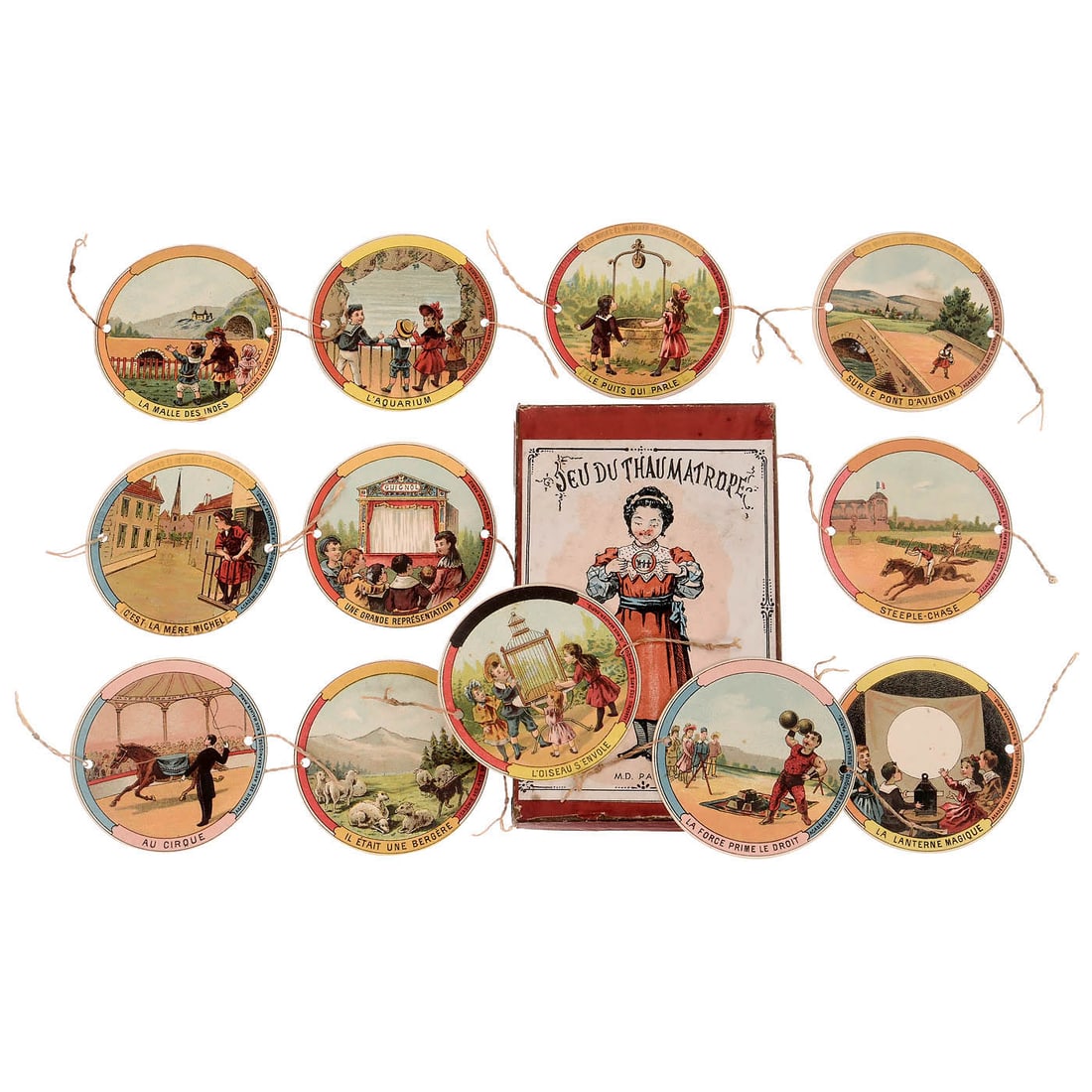 12 Rare French Optical Toys "Le Thaumatrope", c. 1880: 12 Rare French Optical Toys "Le Thaumatrope", c. 1880 In original cardboard,"Jeu du Thaumatrope", drawn by M.D. Paris. Extremely rare "optical toy" from the Académie des Arts Graphiques,