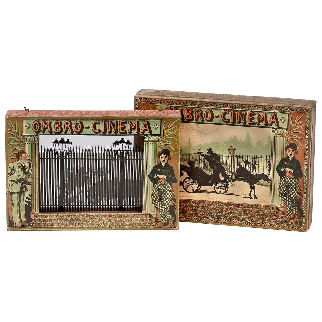 L'Ombro-Cinéma with Reel and Musical Mechanism, 1915 onwards: L'Ombro-Cinéma with Reel and Musical Mechanism, 1915 onwards Saussine, Paris. In a 46 x 33 cm case, a viewing device for "moving" sequences of a strip panorama, lid and stage with the figure