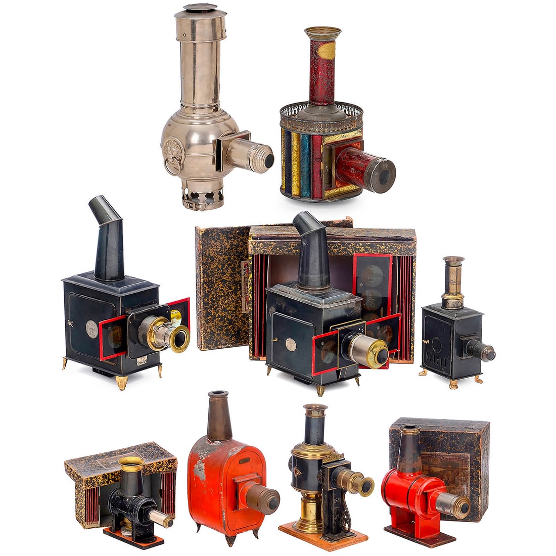 9 Interesting Laterna Magicas: 9 Interesting Laterna Magicas 1) Lampadophore Boule, c. 1880, Lapierre Brothers, Paris, highly polished nickel-plated base for a kerosene lamp, height 36 cm, for 5.4cm-diameter glass slides. With