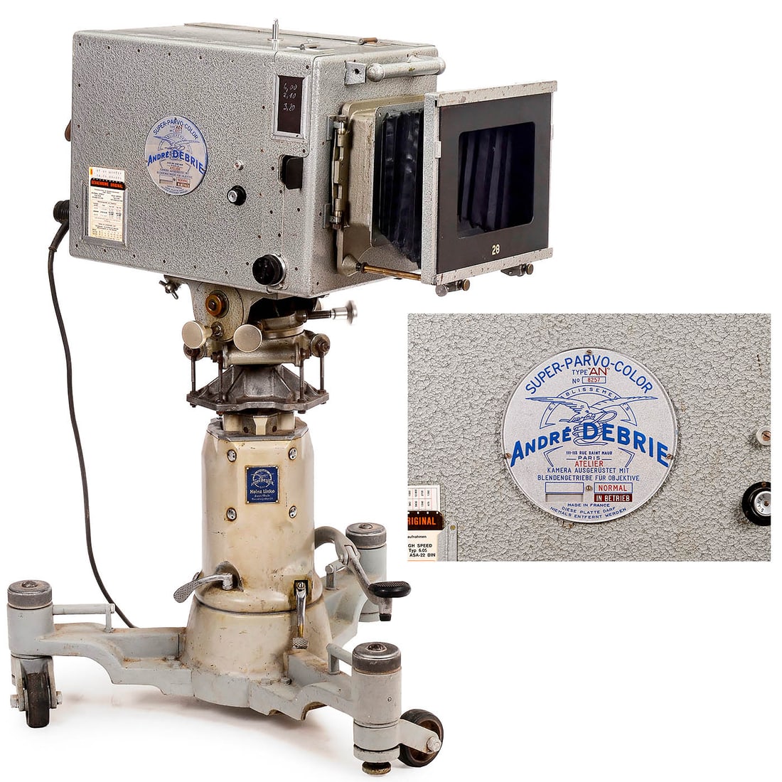 Super Parvo Color Camera, c. 1955: Super Parvo Color Camera, c. 1955 André Debrie, Paris. Soundproofed studio camera for 35mm film in two 300m cassettes (included). Driven by a built-in Debrie synchronous motor for 24 fps, 380
