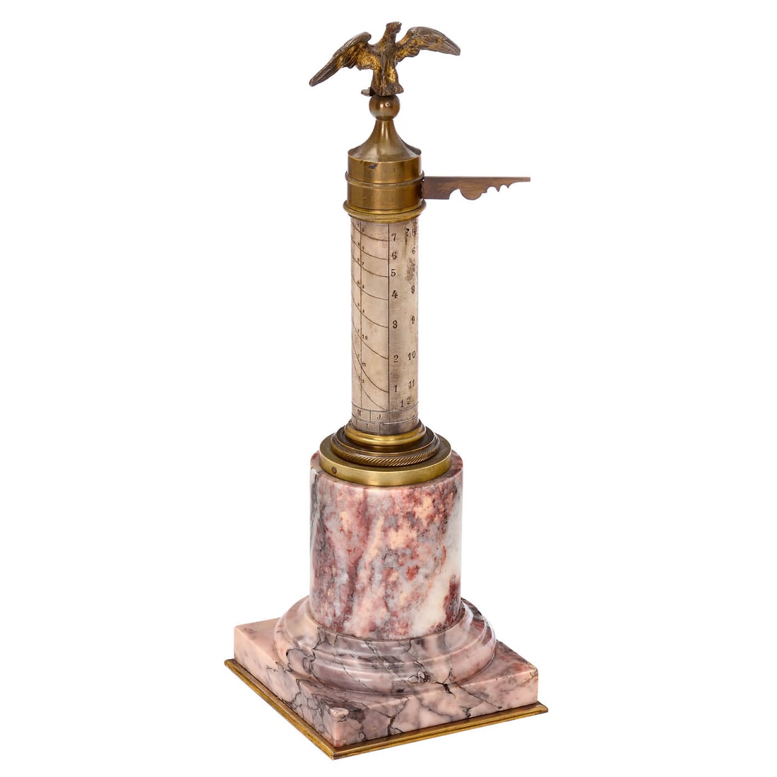 French Shepherd's Dial, c. 1800: French Shepherd's Dial, c. 1800 Cylinder dial, silver-plated brass vertical pillar, engraved scale of months and hours, eagle on top, rotating shadow gnomon, on a heavy marble base, total height 30