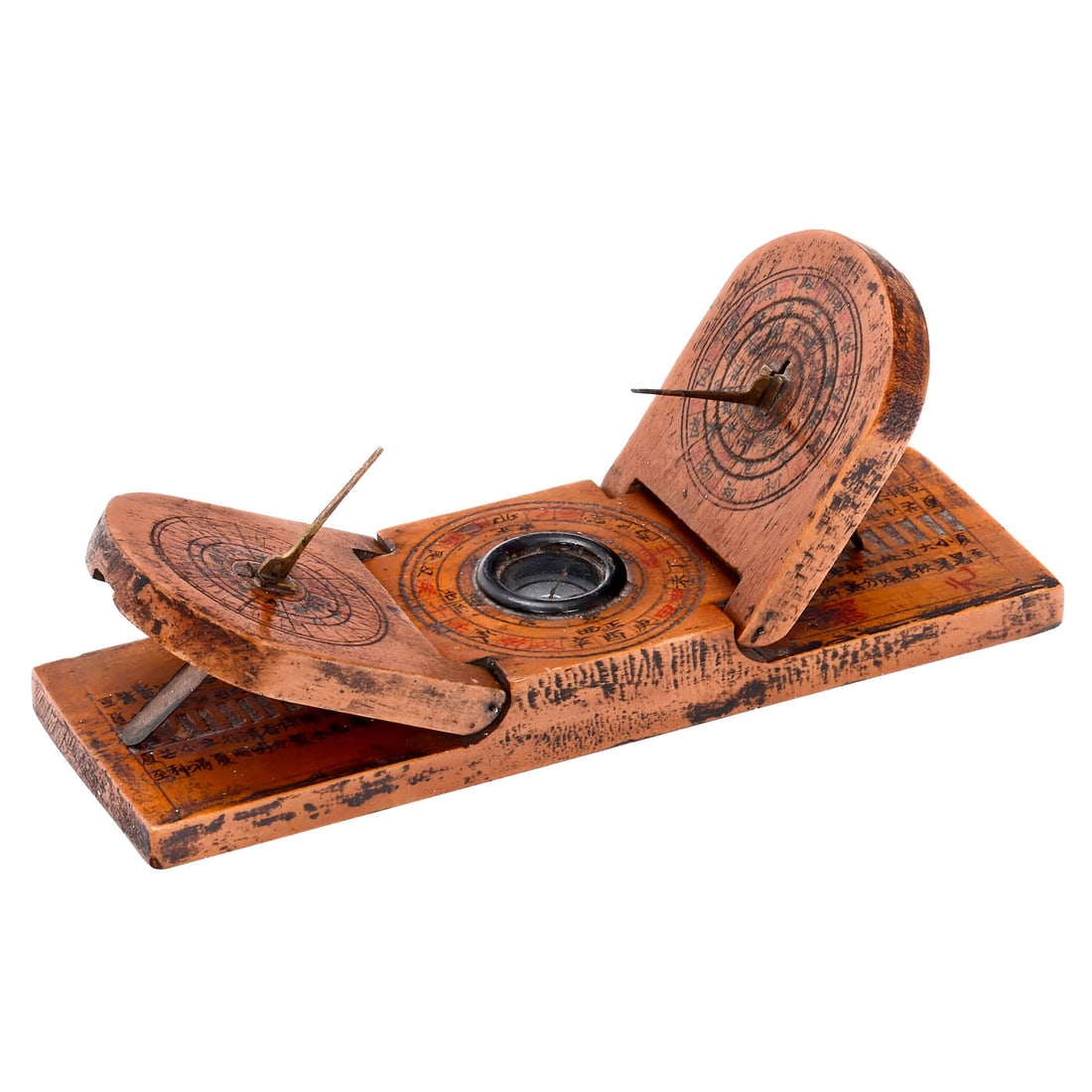 Chinese Double Sundial, 19th Century: Chinese Double Sundial, 19th Century Brown stained solid wood, two fold-up sundials with adjustable angle of inclination, degree setting labeled in Chinese, compass embedded in the center, total
