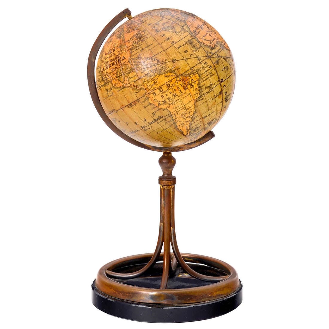 Small Nuremberg Terrestrial Globe, c. 1880: Small Nuremberg Terrestrial Globe, c. 1880 Published by C. Abel Klinger, labeled "Die Erde nach den neuesten Entdeckungen" (the Earth according to the latest discoveries), cardboard sphere with 12 lit