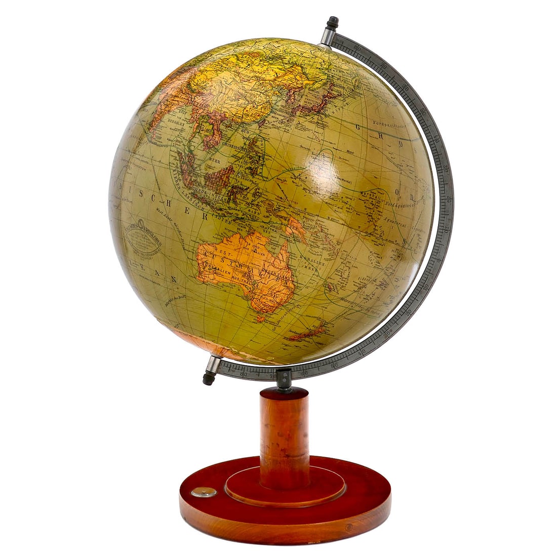 Columbus German Terrestrial Globus, c. 1910: Columbus German Terrestrial Globus, c. 1910 Manufactured by Columbus-Verlag Paul Oestergaard, Berlin, Ø 13 cm, card globe (minor damage around the south pole), aluminum semi-meridian, turned