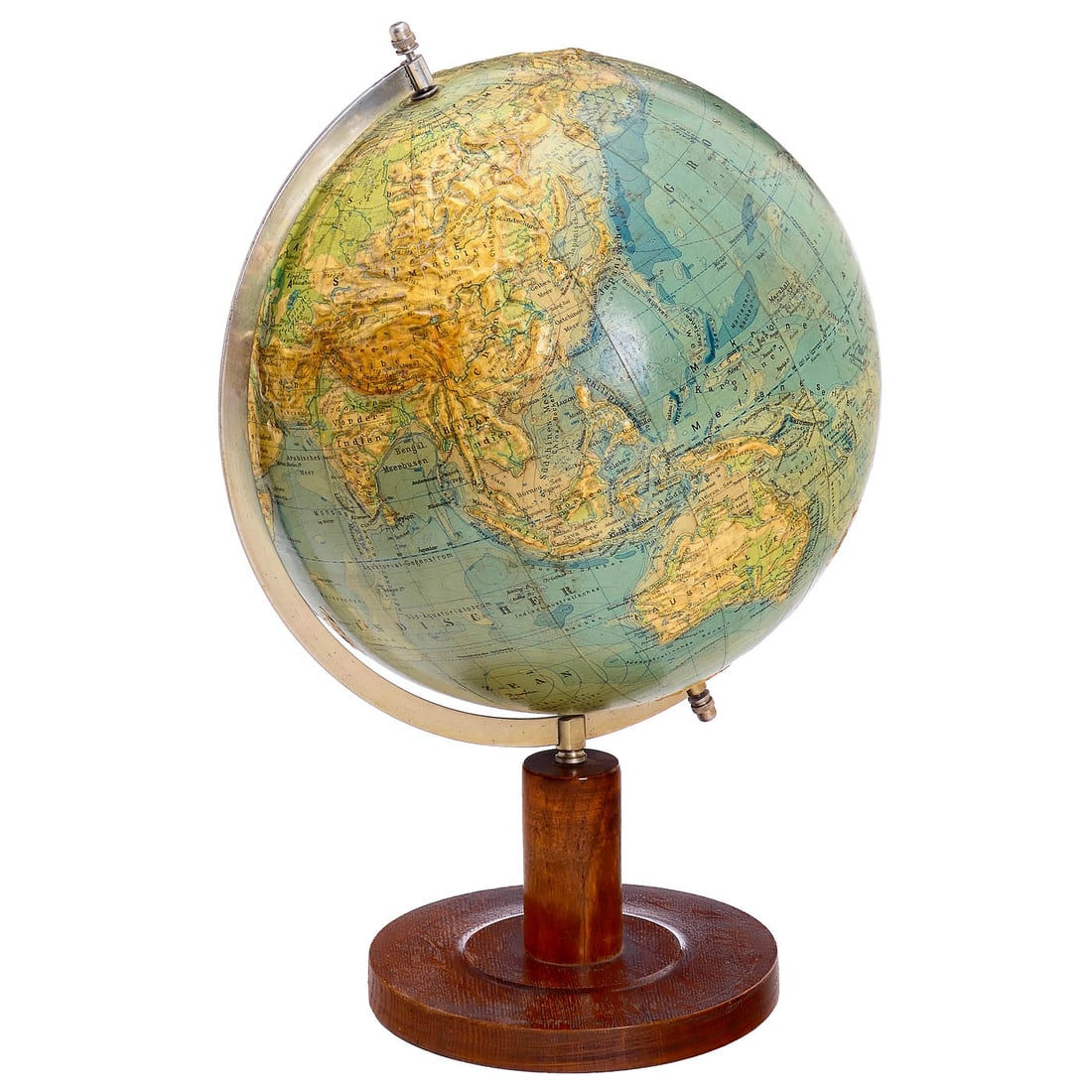German Relief Terrestrial Globe, 1950: German Relief Terrestrial Globe, 1950 Manufacturer's label "Räths Relief-Erdglobus Verlag Paul Räth G.m.b.H. Leipzig", round brown wooden base, total height 21 2/3 in., cardboard sphere,