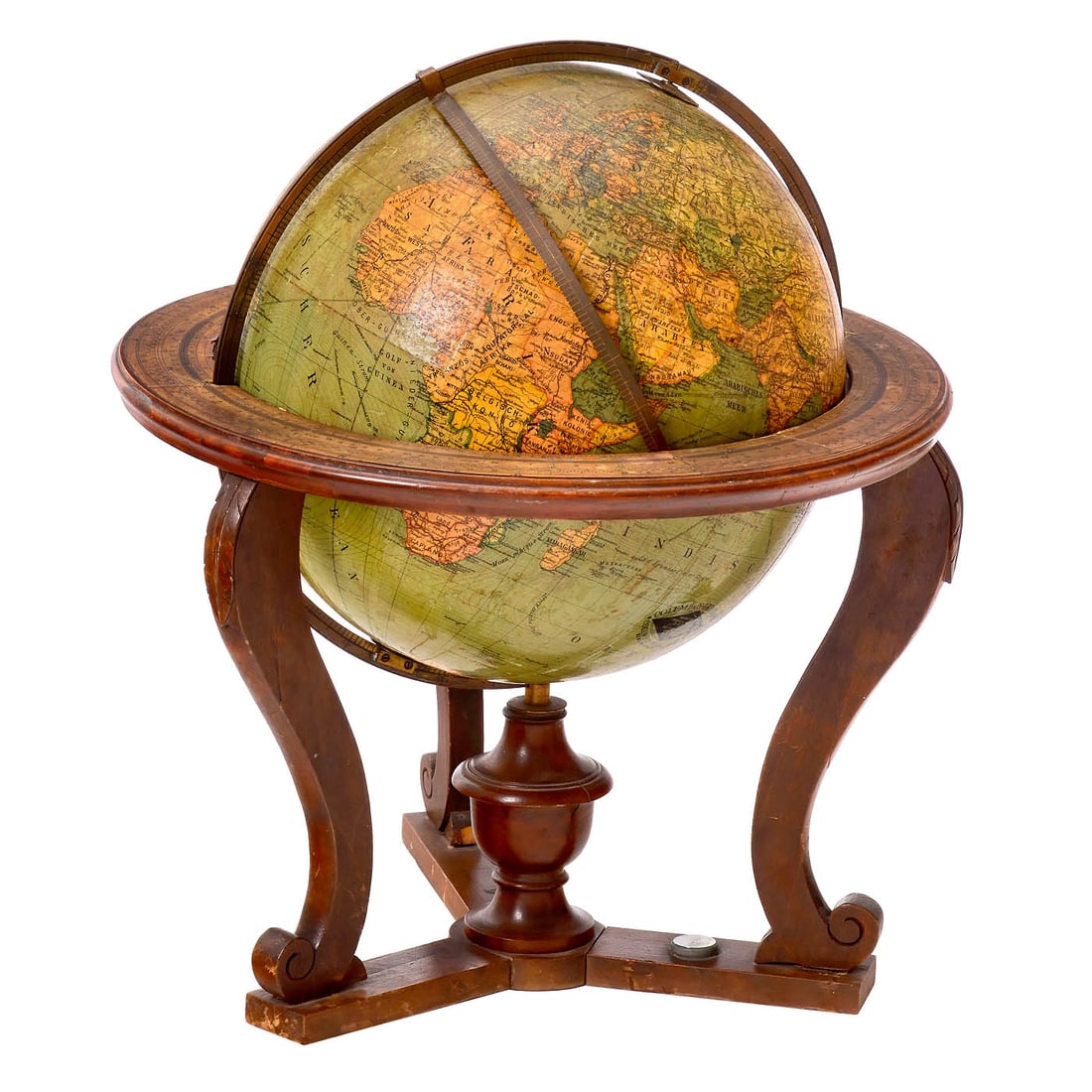 Columbus German Terrestrial Globe in Stand, c. 1935: Columbus German Terrestrial Globe in Stand, c. 1935 Manufactured by Columbus-Verlag Paul Oester­gaard, Berlin, Ø 13 cm, card globe with paper gores, brass meridian ring, paper horizon