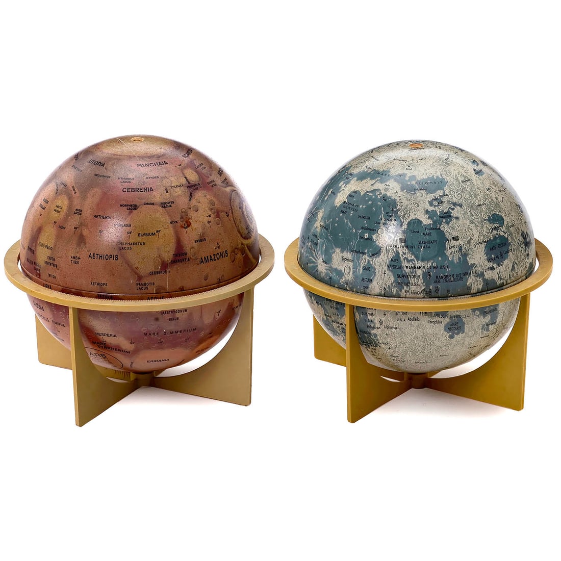 Moon and Mars Globes by Scan-Globes, c. 1972: Moon and Mars Globes by Scan-Globes, c. 1972 Denmark, printed plastic spheres in plastic frames, each 6 in. diameter, each 6 1/3 in. high, moon globe with markings indicating the landing sites of