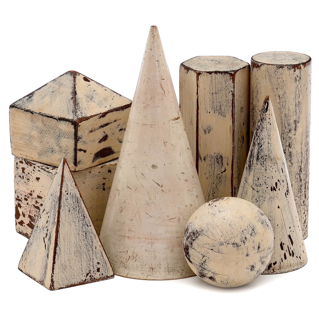 8 Geometrical Teaching Models, c. 1920: 8 Geometrical Teaching Models, c. 1920 Wood, various shapes including cube, cylinder, cone, pyramid and sphere. Ideal teaching aids for volume and surface calculation. Height up to 8 in. 8