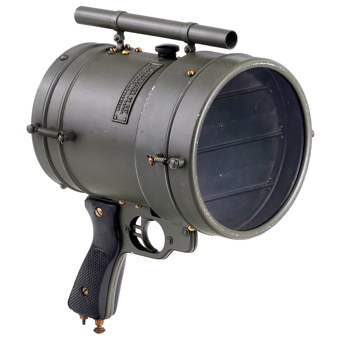 French Morse Lamp: French Morse Lamp Appareil de Télégraphe Optique de 12 Centimètres Type S.T.A.; manufacturer J. Roullier et Cie, Paris, signal lamp with blind, Ø 4 ¾ in., pistol grip, for