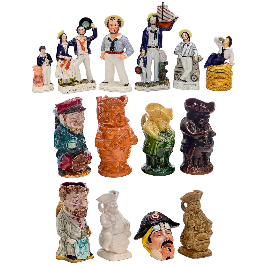 English Ceramic Figures and Jugs, c. 1900: English Ceramic Figures and Jugs, c. 1900 1) 5 English Staffordshire sailor figures: Large figure "Sailor", with ship on his shoulder and boy at his side, height 15 3/5 in. – "The Sailor's