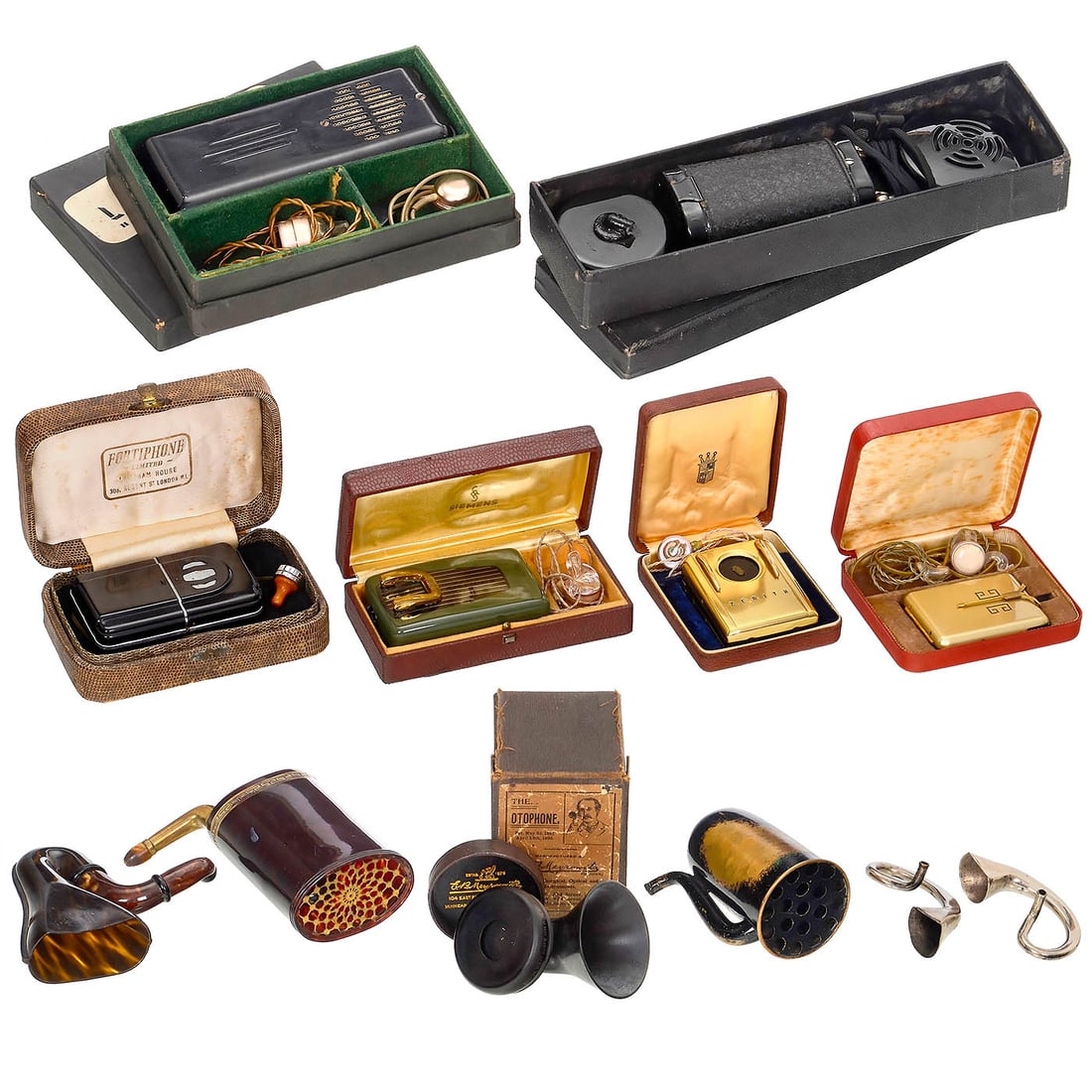 5 Ear Trumpets and 5 Electric Hearing Aids: 5 Ear Trumpets and 5 Electric Hearing Aids 1) Pocket ear trumpet, c. 1880, tortoiseshell and brass, collapsible. – 2) London Dome ear trumpet, c. 1870, black lacquered brass, paint partially