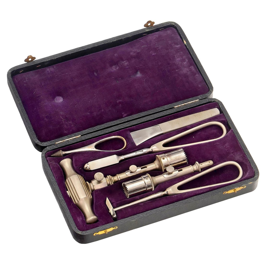 Complete Trepanation Set by Hauptner, c. 1890–1900: Complete Trepanation Set by Hauptner, c. 1890–1900 Wooden box, covered with black leather and lined with purple velvet, dimensions 10 x 5 ½ x 1 ½ in. The box contains seven