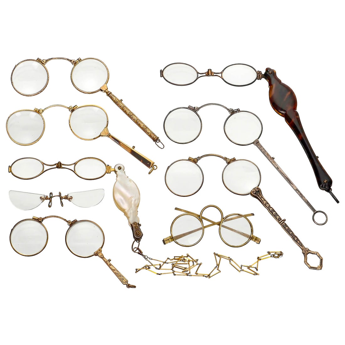 Lorgnettes and Early Spectacles: Lorgnettes and Early Spectacles Lorgnette frames with fold-out lenses, diopter values of the mounted lenses estimated. 1–5) From the period before meniscus lenses, c. 1860, smooth, almost