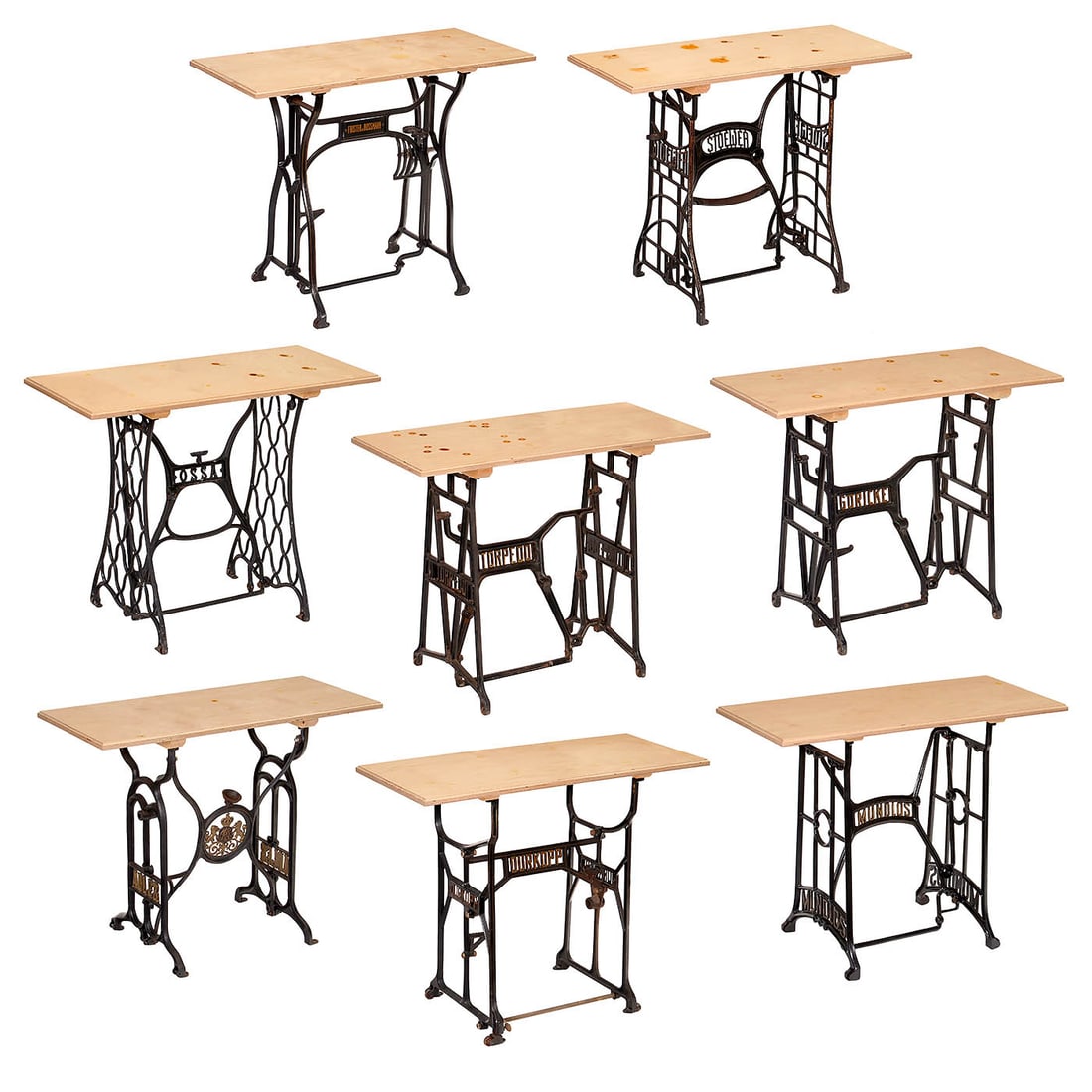 8 Tables with Sewing Machine Stands: 8 Tables with Sewing Machine Stands Original cast-iron stands from Mundlos, Adle, Torpedo, Stoewer, Durkopp and Frister & Rossmann, with multiplex wooden tops, dimensions 45 x 100 cm each, very