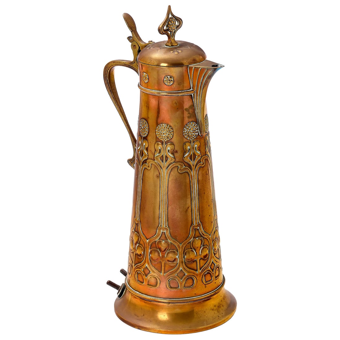 WMF Art-Nouveau Carafe "Prometheus", c. 1900: WMF Art-Nouveau Carafe "Prometheus", c. 1900 Early electric kettle by Heinrich Voigt in Frankfurt am Main, 4 A, 110 V, embossed brass body by WMF in Geislingen, height 14 1/3 in. – A rare